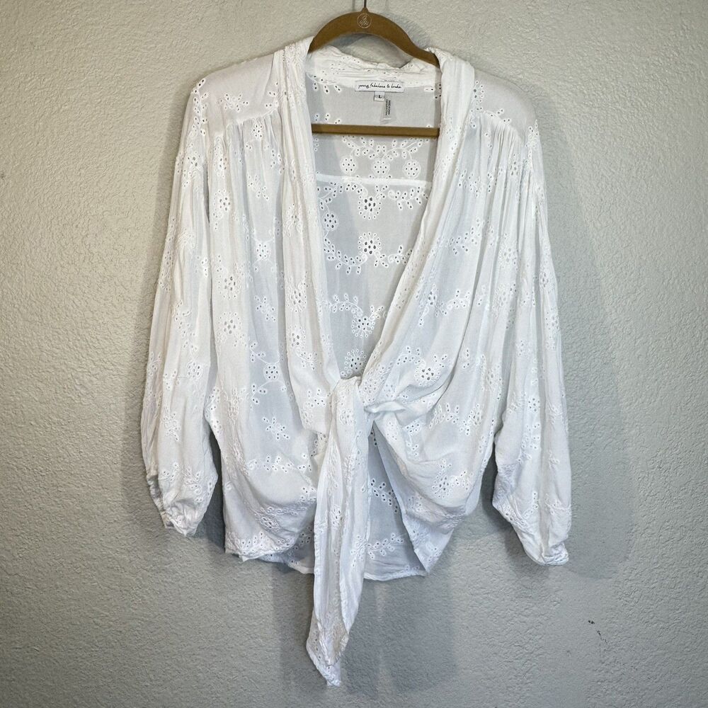 YFB Top White Eyelet Blouse Tie Front Peasant Prairie Cottage Core Women L
